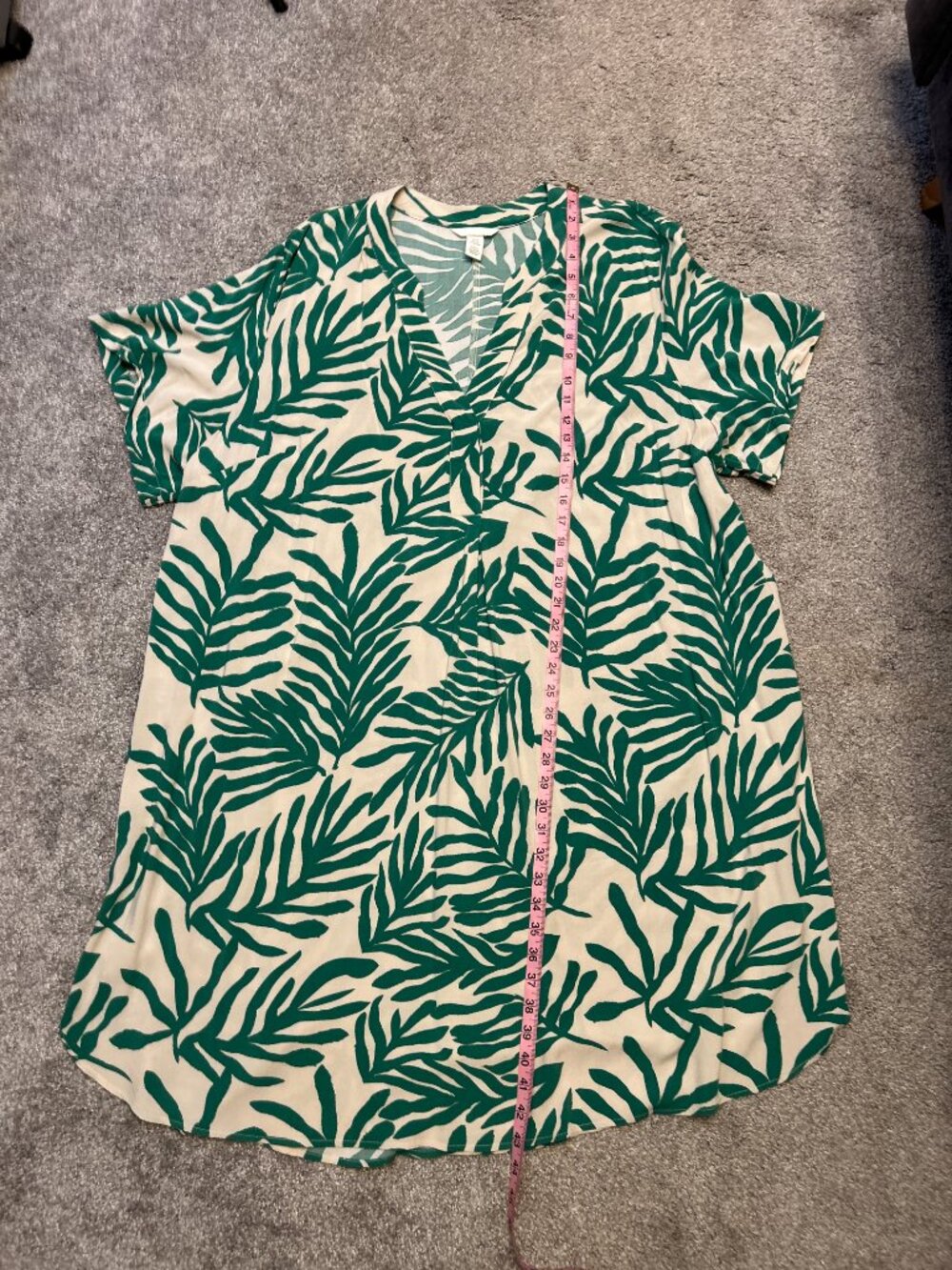 H&M Green Cream Tropical Palm Leaf Kaftan Tunic Dress Shift V-Neck XXL 20 Boho - Picture 4 of 6
